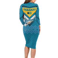 Bahamas Family Matching Long Sleeve Bodycon Dress and Hawaiian Shirt with Blue Marlin Fish Tribal Chevron Flag Spirit