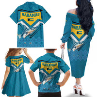 Bahamas Family Matching Off The Shoulder Long Sleeve Dress and Hawaiian Shirt with Blue Marlin Fish Tribal Chevron Flag Spirit