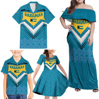 Bahamas Family Matching Off Shoulder Maxi Dress and Hawaiian Shirt with Blue Marlin Fish Tribal Chevron Flag Spirit