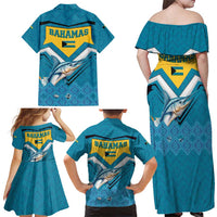 Bahamas Family Matching Off Shoulder Maxi Dress and Hawaiian Shirt with Blue Marlin Fish Tribal Chevron Flag Spirit