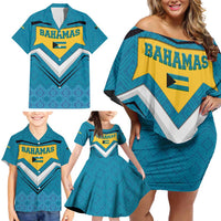 Bahamas Family Matching Off Shoulder Short Dress and Hawaiian Shirt with Blue Marlin Fish Tribal Chevron Flag Spirit