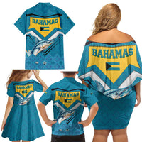 Bahamas Family Matching Off Shoulder Short Dress and Hawaiian Shirt with Blue Marlin Fish Tribal Chevron Flag Spirit