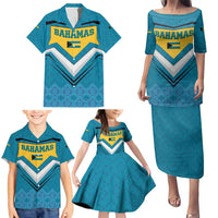 Bahamas Family Matching Puletasi and Hawaiian Shirt with Blue Marlin Fish Tribal Chevron Flag Spirit