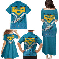 Bahamas Family Matching Puletasi and Hawaiian Shirt with Blue Marlin Fish Tribal Chevron Flag Spirit