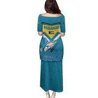 Bahamas Family Matching Puletasi and Hawaiian Shirt with Blue Marlin Fish Tribal Chevron Flag Spirit