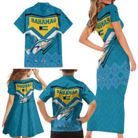 Bahamas Family Matching Short Sleeve Bodycon Dress and Hawaiian Shirt with Blue Marlin Fish Tribal Chevron Flag Spirit