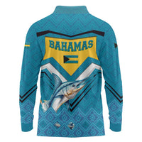 Bahamas Long Sleeve Polo Shirt with Blue Marlin Fish Tribal Chevron Flag Spirit