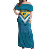 Bahamas Off Shoulder Maxi Dress with Blue Marlin Fish Tribal Chevron Flag Spirit