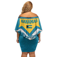 Bahamas Off Shoulder Short Dress with Blue Marlin Fish Tribal Chevron Flag Spirit