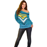 Bahamas Off Shoulder Sweater with Blue Marlin Fish Tribal Chevron Flag Spirit