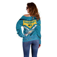 Bahamas Off Shoulder Sweater with Blue Marlin Fish Tribal Chevron Flag Spirit