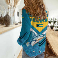 Bahamas Women Casual Shirt with Blue Marlin Fish Tribal Chevron Flag Spirit
