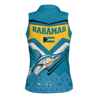 Bahamas Women Sleeveless Polo Shirt with Blue Marlin Fish Tribal Chevron Flag Spirit