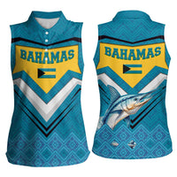 Bahamas Women Sleeveless Polo Shirt with Blue Marlin Fish Tribal Chevron Flag Spirit