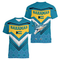 Bahamas Women V-Neck T-Shirt with Blue Marlin Fish Tribal Chevron Flag Spirit