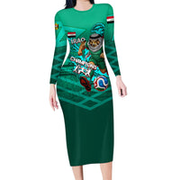 Personalized Iraq Football Champions Long Sleeve Bodycon Dress Fierce Eagle Mascot In Keffiyeh