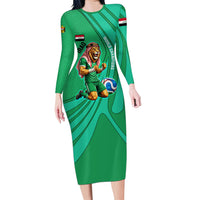 Personalized Iraq World Champions Lion Long Sleeve Bodycon Dress Funny Lion Mascot Traditional Keffiyeh