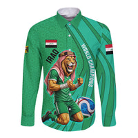 Personalized Iraq World Champions Lion Long Sleeve Button Shirt Funny Lion Mascot Traditional Keffiyeh