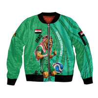 Personalized Iraq World Champions Lion Sleeve Zip Bomber Jacket Funny Lion Mascot Traditional Keffiyeh