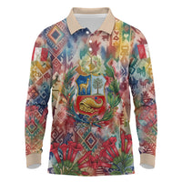 Peru National Emblem Marinera Long Sleeve Polo Shirt Watercolor Splash Inca Pattern