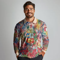 Peru National Emblem Marinera Long Sleeve Polo Shirt Watercolor Splash Inca Pattern