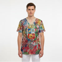 Peru National Emblem Marinera Scrub Top Watercolor Splash Inca Pattern