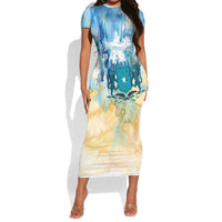 Somalia Liberation Unity Short Sleeve Bodycon Dress Soomaaliya Script Peace Dove Watercolor