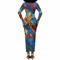 DR Congo Patrice Lumumba Football Victory Long Sleeve Bodycon Dress African Pride Leopard And Flag