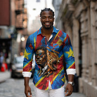 DR Congo Patrice Lumumba Football Victory Long Sleeve Button Shirt African Pride Leopard And Flag