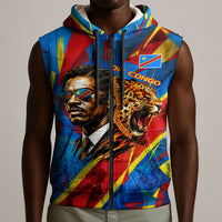 DR Congo Patrice Lumumba Football Victory Sleeveless Zip Hoodie African Pride Leopard And Flag