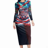 Norway Football Viking Row Long Sleeve Bodycon Dress Viking Shield Aurora Borealis Dynamic Art