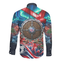 Norway Football Viking Row Long Sleeve Button Shirt Viking Shield Aurora Borealis Dynamic Art