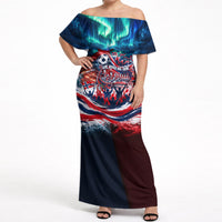 Norway Football Viking Row Off Shoulder Maxi Dress Viking Shield Aurora Borealis Dynamic Art