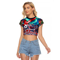 Norway Football Viking Row Raglan Cropped T Shirt Viking Shield Aurora Borealis Dynamic Art