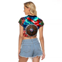 Norway Football Viking Row Raglan Cropped T Shirt Viking Shield Aurora Borealis Dynamic Art
