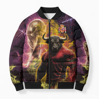 Personalized Spain Football Bull Mascot Bomber Puffer Jacket Spanish Pride Champion Trophy Graphic Art