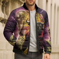 Personalized Spain Football Bull Mascot Bomber Puffer Jacket Spanish Pride Champion Trophy Graphic Art