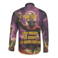 Personalized Spain Football Bull Mascot Long Sleeve Button Shirt Spanish Pride Champion Trophy Graphic Art