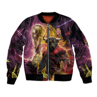 Personalized Spain Football Bull Mascot Sleeve Zip Bomber Jacket Spanish Pride Champion Trophy Graphic Art