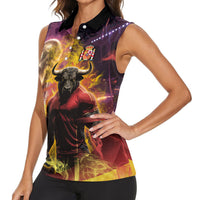 Personalized Spain Football Bull Mascot Women Sleeveless Polo Shirt Spanish Pride Champion Trophy Graphic Art