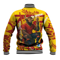 Spain Football Bull Mascot Baseball Jacket Spanish Pride Champion Soccer Trophy Graffiti