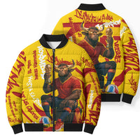 Spain Football Bull Mascot Bomber Puffer Jacket Spanish Pride Champion Soccer Trophy Graffiti