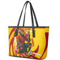 Spain Football Bull Mascot Leather Tote Bag Spanish Pride Champion Soccer Trophy Graffiti