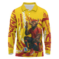 Spain Football Bull Mascot Long Sleeve Polo Shirt Spanish Pride Champion Soccer Trophy Graffiti
