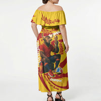 Spain Football Bull Mascot Off Shoulder Maxi Dress Spanish Pride Champion Soccer Trophy Graffiti