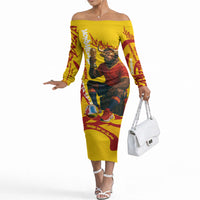 Spain Football Bull Mascot Off The Shoulder Long Sleeve Dress Spanish Pride Champion Soccer Trophy Graffiti
