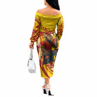 Spain Football Bull Mascot Off The Shoulder Long Sleeve Dress Spanish Pride Champion Soccer Trophy Graffiti