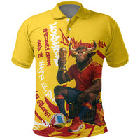 Spain Football Bull Mascot Polo Shirt Spanish Pride Champion Soccer Trophy Graffiti