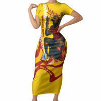 Spain Football Bull Mascot Short Sleeve Bodycon Dress Spanish Pride Champion Soccer Trophy Graffiti