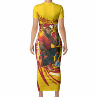 Spain Football Bull Mascot Short Sleeve Bodycon Dress Spanish Pride Champion Soccer Trophy Graffiti